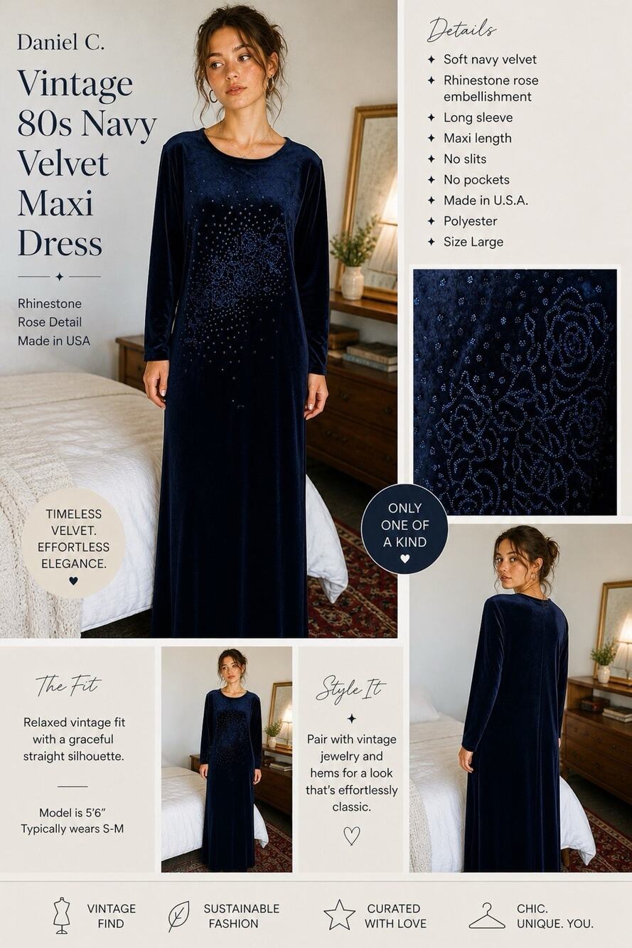 Vtg Daniel C Navy Velvet Maxi Dress Whimsigoth Goth Large Beaded